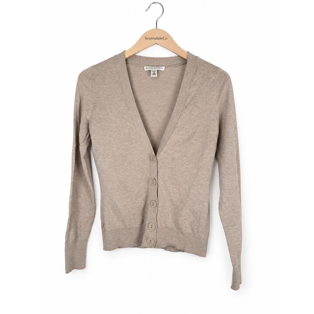 Banana Republic Cardigan Womens Petite XS Beige Cotton Blend V Neck Button Front